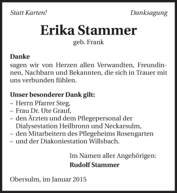 Traueranzeige von Erika Stammer 