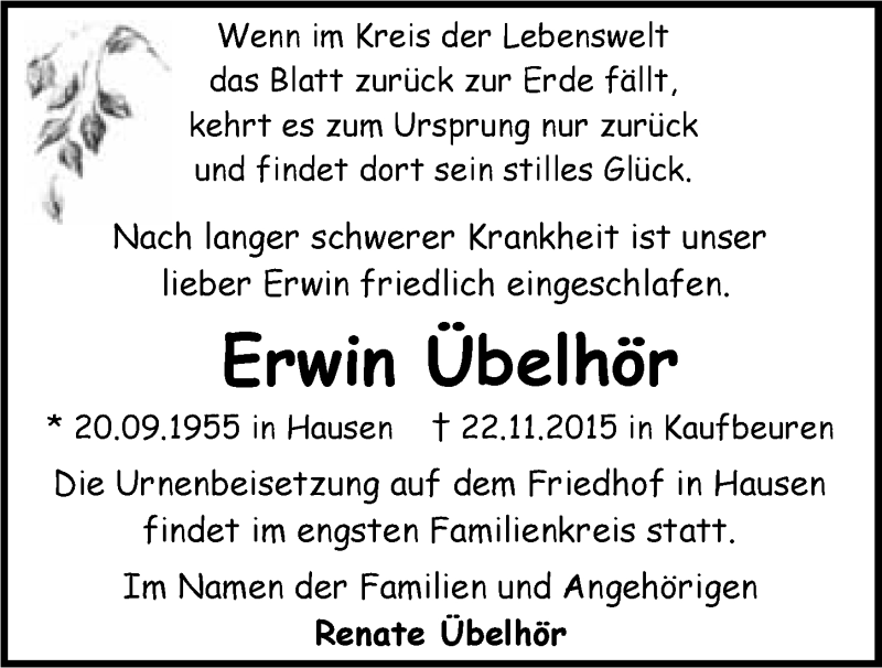  Traueranzeige für Erwin Übelhör vom 01.12.2015 aus 