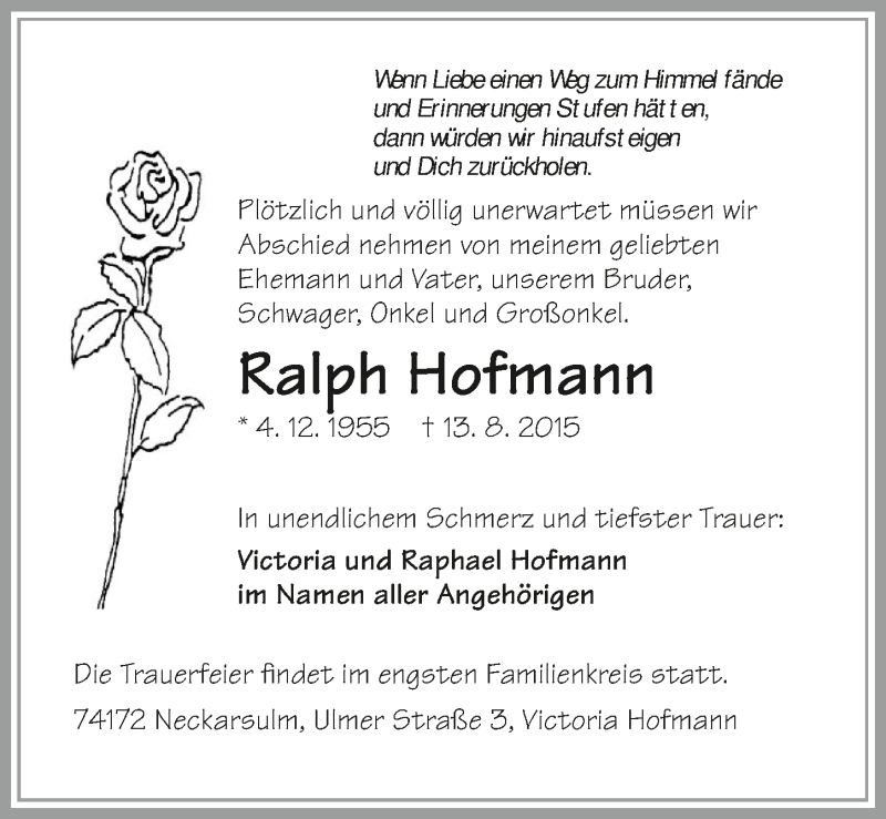  Traueranzeige für Ralph Hofmann vom 18.08.2015 aus 
