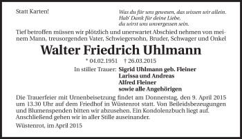 Traueranzeige von Walter Friedrich Uhlmann 