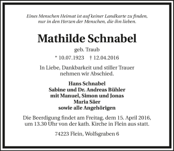 Traueranzeige von Mathilde Schnabel 