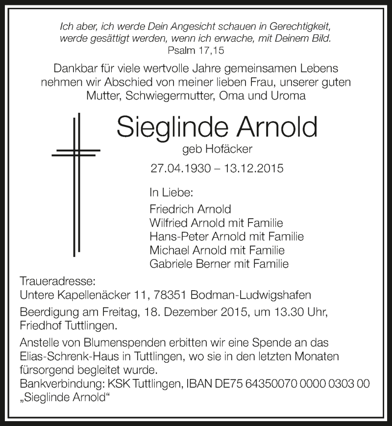  Traueranzeige für Sieglinde Arnold vom 16.12.2015 aus 