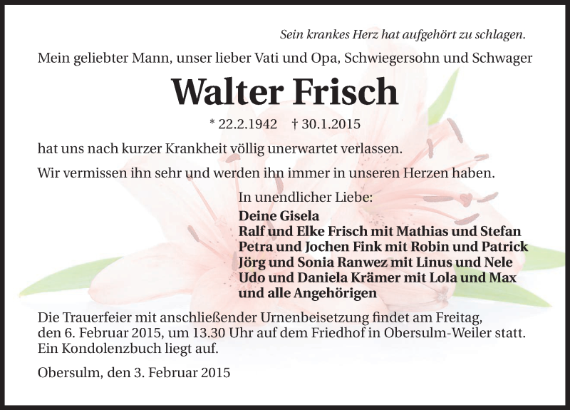  Traueranzeige für Walter Frisch vom 03.02.2015 aus 