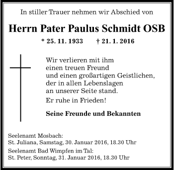 Traueranzeige von Paulus Schmidt 
