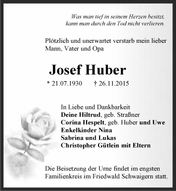 Traueranzeige von Josef Huber 