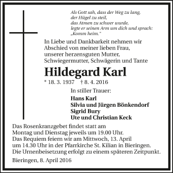 Traueranzeige von Hildegard Karl 