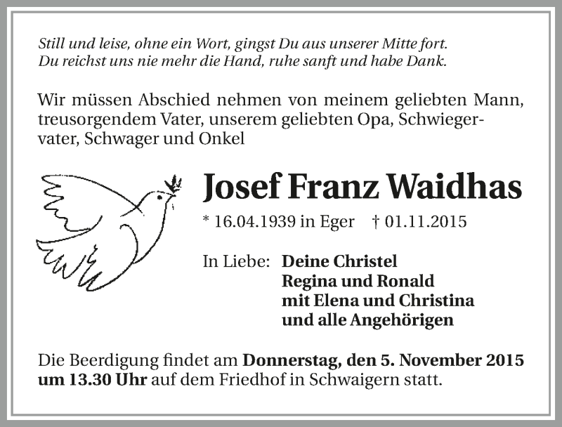 Traueranzeige für Josef Franz Waidhas vom 03.11.2015 aus 