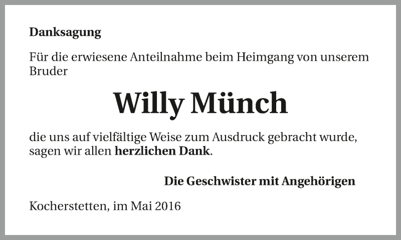  Traueranzeige für Willy Münch vom 13.05.2016 aus 