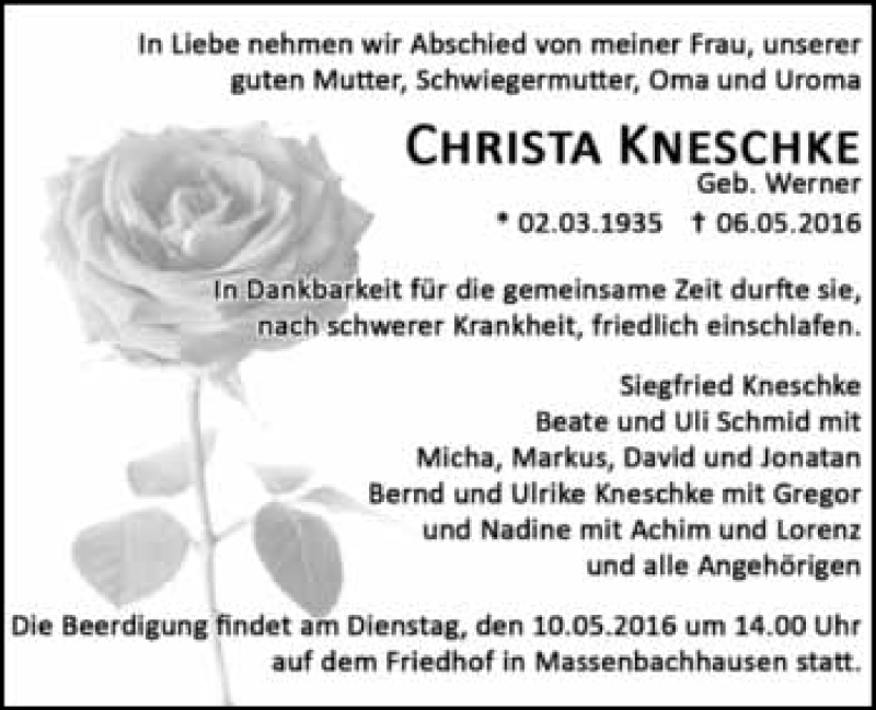  Traueranzeige für Christa Kneschke vom 07.05.2016 aus 