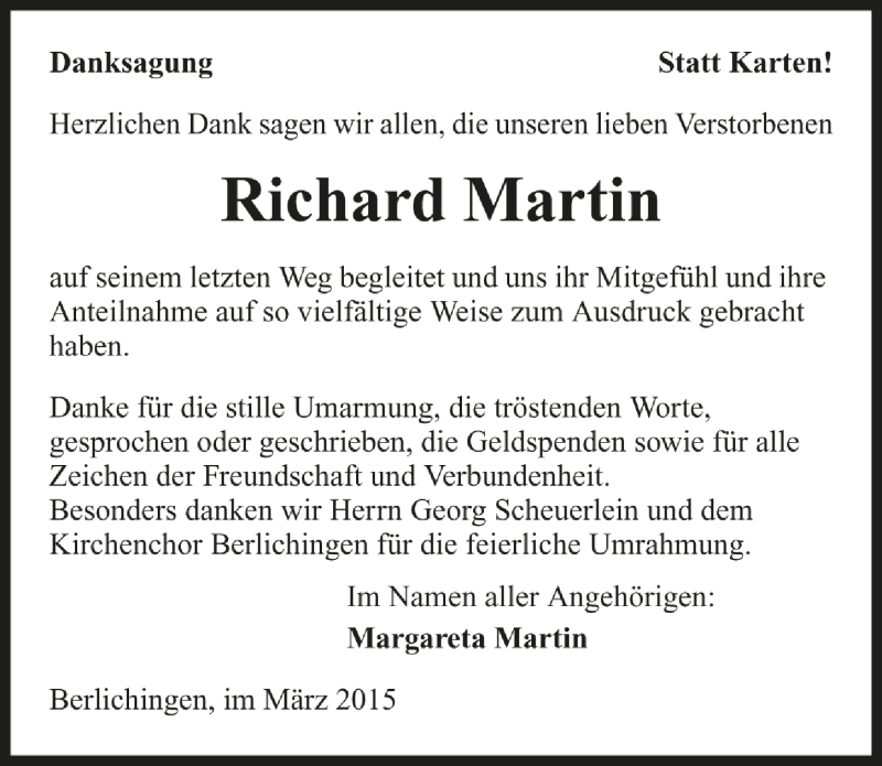  Traueranzeige für Richard Martin vom 21.03.2015 aus 
