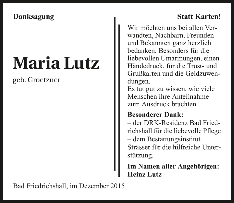  Traueranzeige für Maria Lutz vom 10.12.2015 aus 