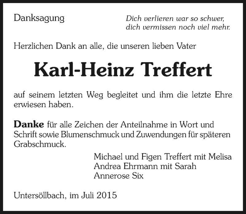  Traueranzeige für Karl-Heinz Treffert vom 04.07.2015 aus 