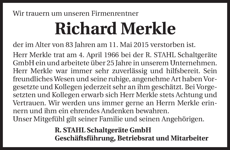  Traueranzeige für Richard Merkle vom 21.05.2015 aus 