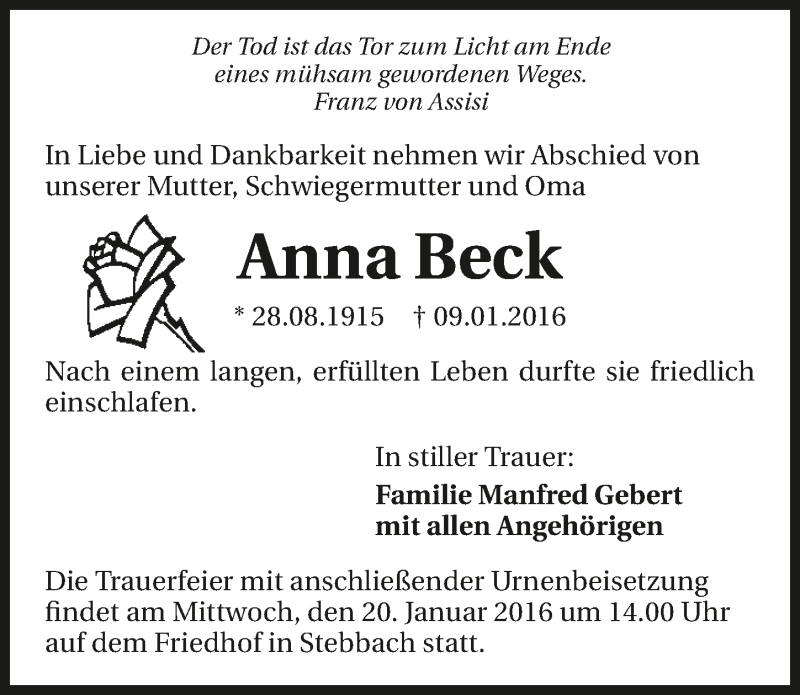 Traueranzeigen von Anna Beck | www.trauerundgedenken.de
