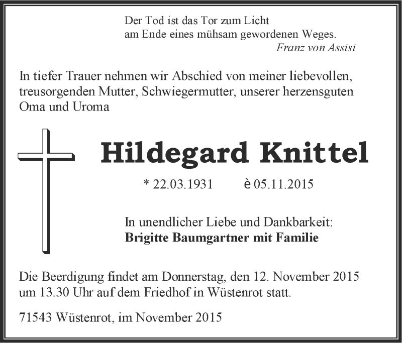  Traueranzeige für Hildegard Knittel vom 10.11.2015 aus 