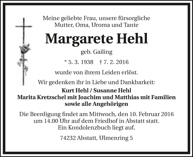  Traueranzeige für Margarete Hehl vom 09.02.2016 aus 