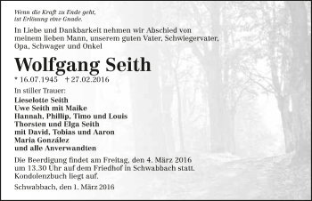 Traueranzeige von Wolfgang Seith 