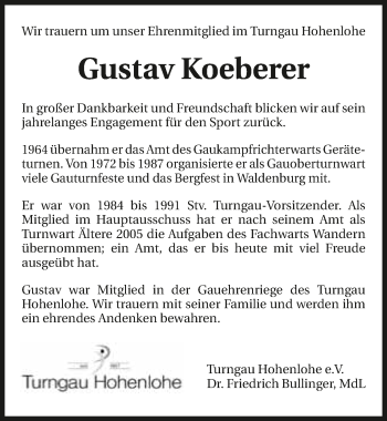 Traueranzeige von Gustav Koeberer 
