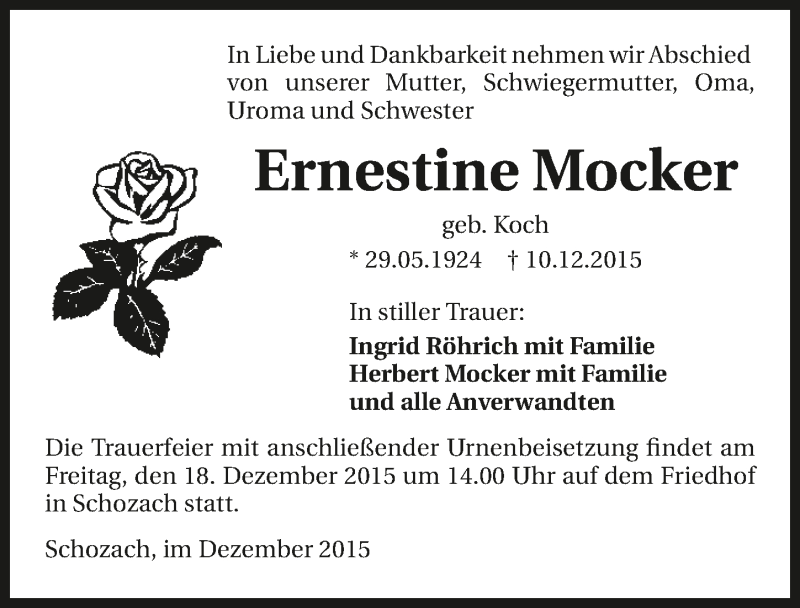  Traueranzeige für Ernestine Mocker vom 16.12.2015 aus 