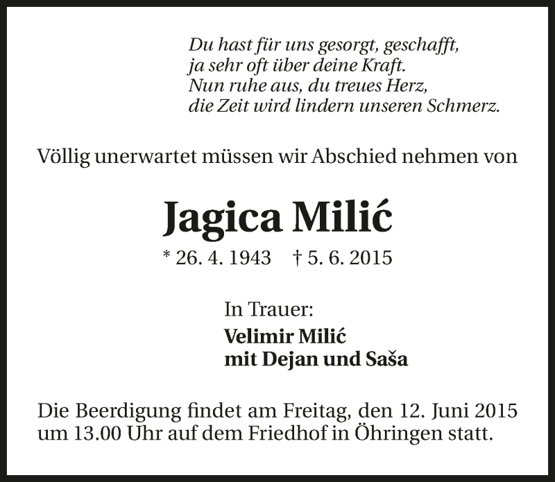  Traueranzeige für Jagica Milic vom 10.06.2015 aus 