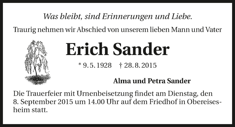  Traueranzeige für Erich Sander vom 03.09.2015 aus 