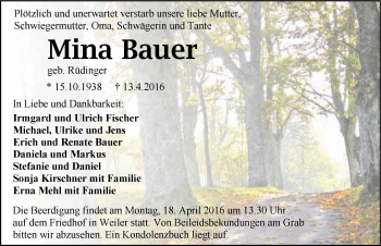 Traueranzeige von Mina Bauer 