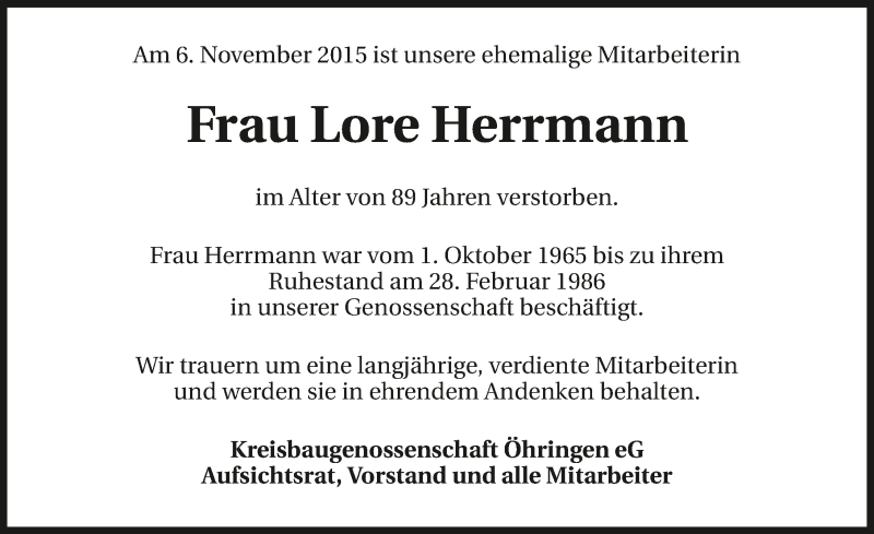  Traueranzeige für Lore Herrmann vom 13.11.2015 aus 