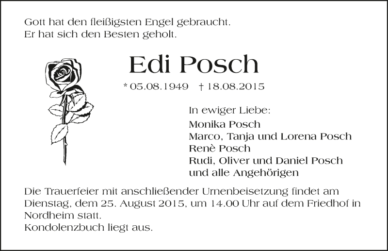  Traueranzeige für Edi Posch vom 20.08.2015 aus 
