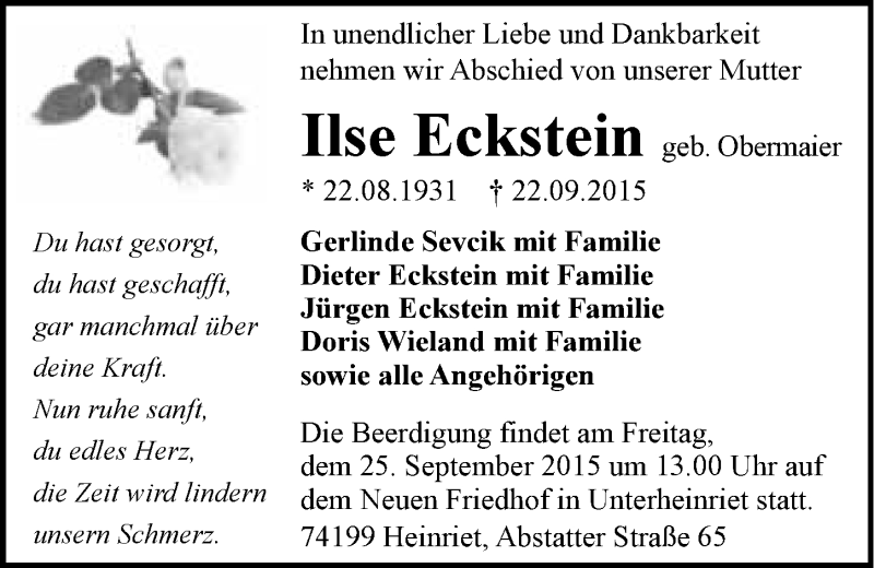  Traueranzeige für Ilse Eckstein vom 23.09.2015 aus 