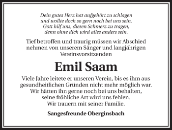 Traueranzeige von Emil Saam 