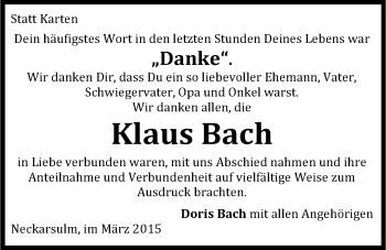Traueranzeige von Klaus Bach 