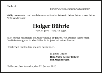 Traueranzeige von Holger Bührle 