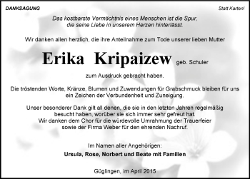 Traueranzeige von Erika Kripaizew 