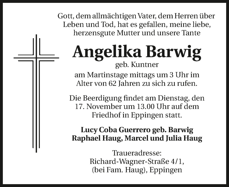 Traueranzeige für Angelika Barwig vom 14.11.2015 aus 