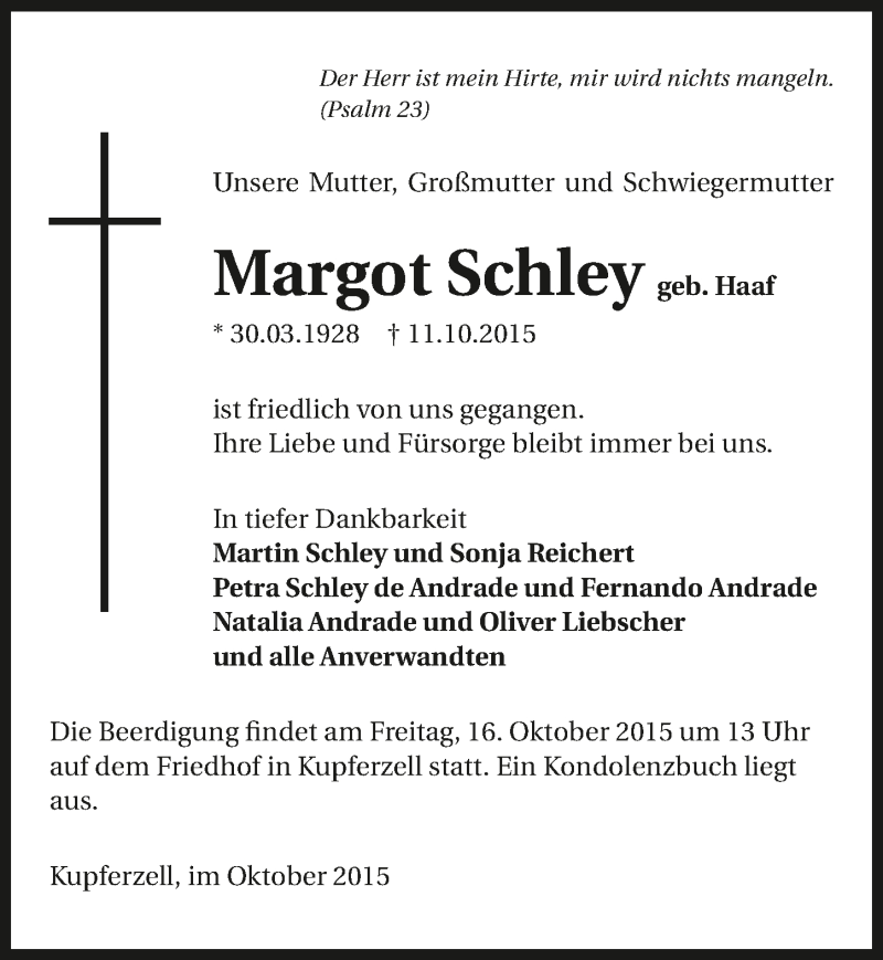  Traueranzeige für Margot Schley vom 13.10.2015 aus 