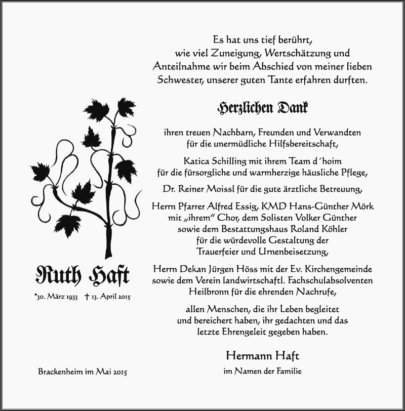  Traueranzeige für Ruth Haft vom 23.05.2015 aus 