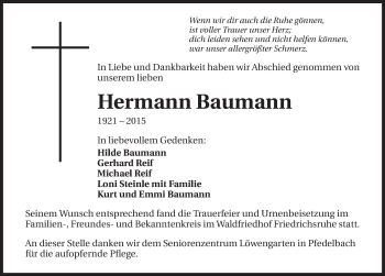 Traueranzeige von Hermann Baumann 