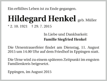 Traueranzeige von Hildegard Henkel 