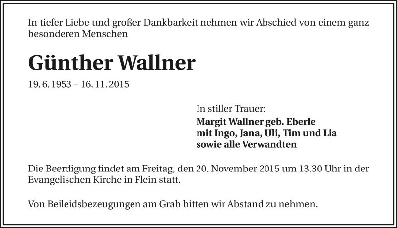  Traueranzeige für Günther Wallner vom 18.11.2015 aus 