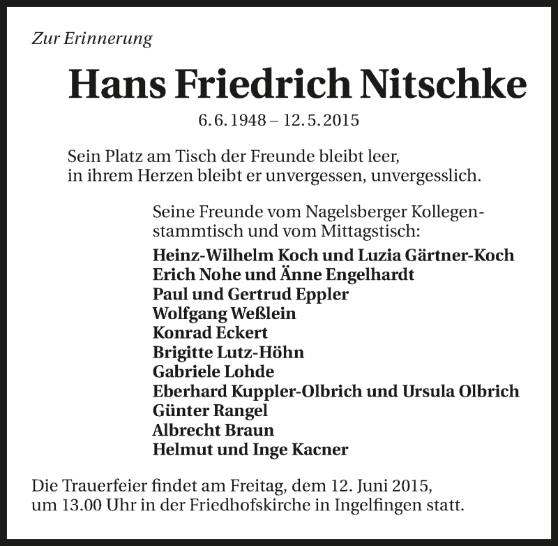  Traueranzeige für Hans Friedrich Nitschke vom 08.06.2015 aus 