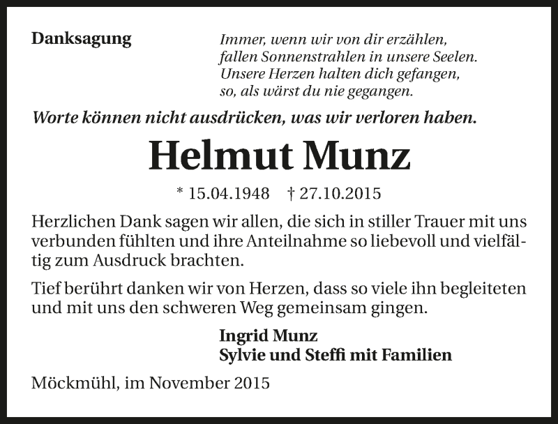  Traueranzeige für Helmut Munz vom 14.11.2015 aus 