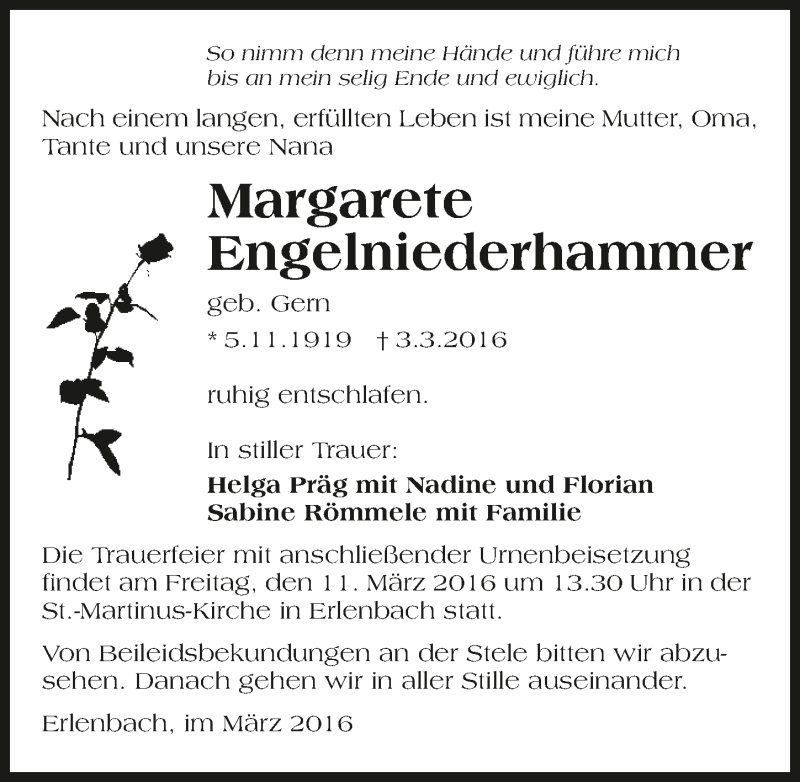  Traueranzeige für Margarete Engelniederhammer vom 09.03.2016 aus 