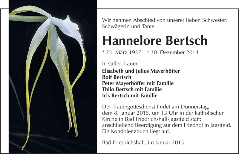  Traueranzeige für Hannelore Bertsch vom 05.01.2015 aus 