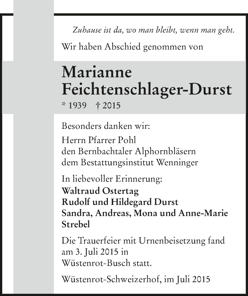  Traueranzeige für Marianne Feichtenschlager-Durst vom 11.07.2015 aus 