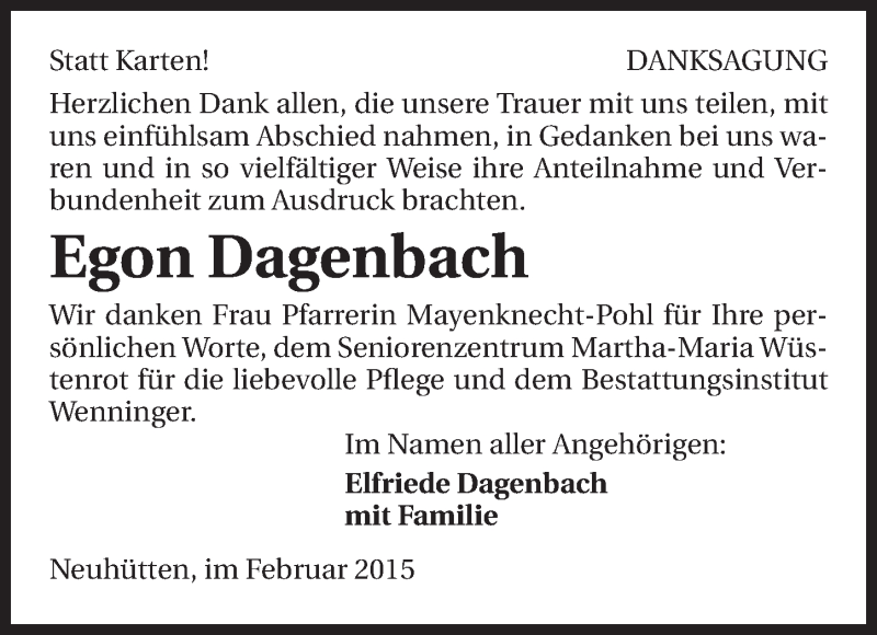  Traueranzeige für Egon Dagenbach vom 03.03.2015 aus 