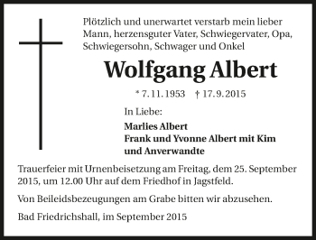 Traueranzeige von Wolfgang Albert 