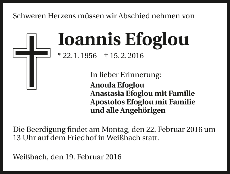  Traueranzeige für Ioannis Efoglou vom 19.02.2016 aus 