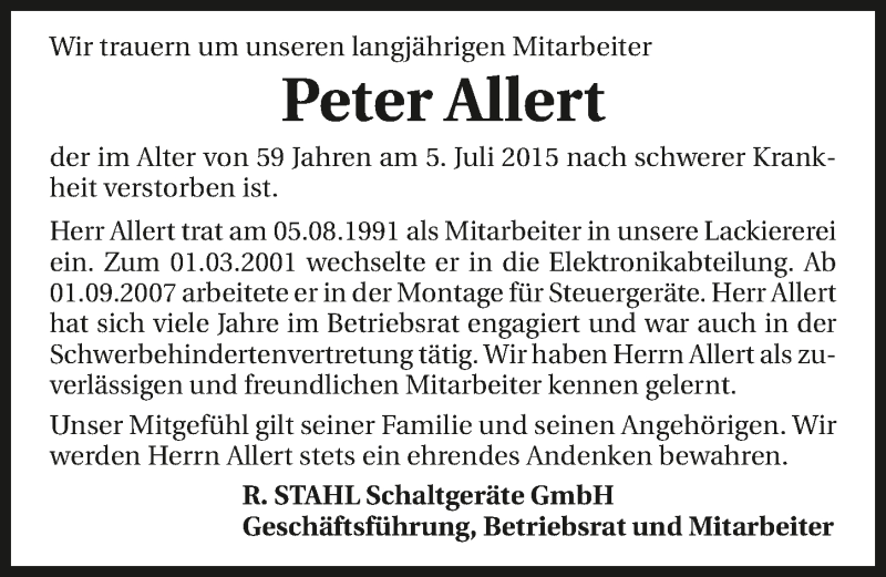  Traueranzeige für Peter Allert vom 11.07.2015 aus 