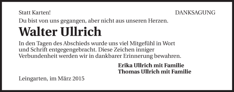  Traueranzeige für Walter Ullrich vom 16.03.2015 aus 