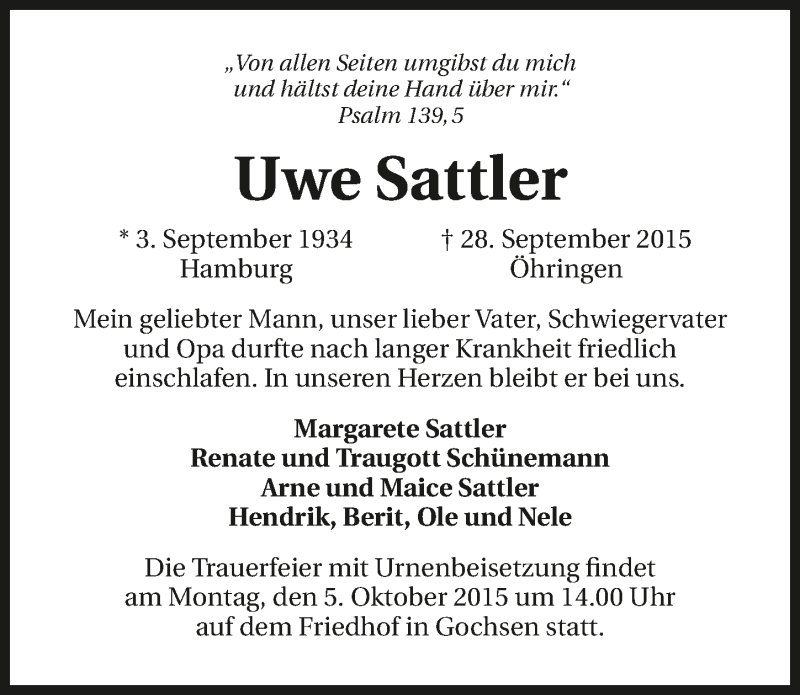  Traueranzeige für Uwe Sattler vom 02.10.2015 aus 